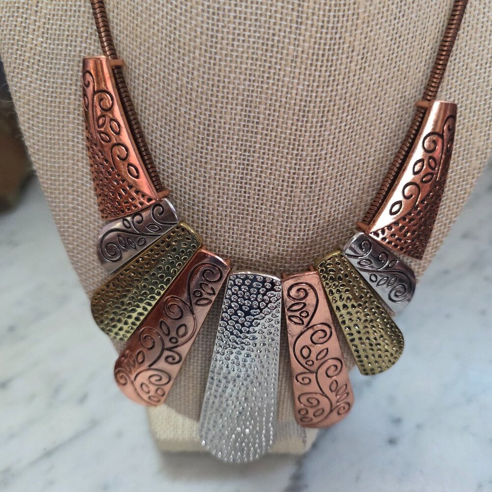 Boho Multi Tone Metal Statement Necklace Copper Silver Tribal Bib Necklace